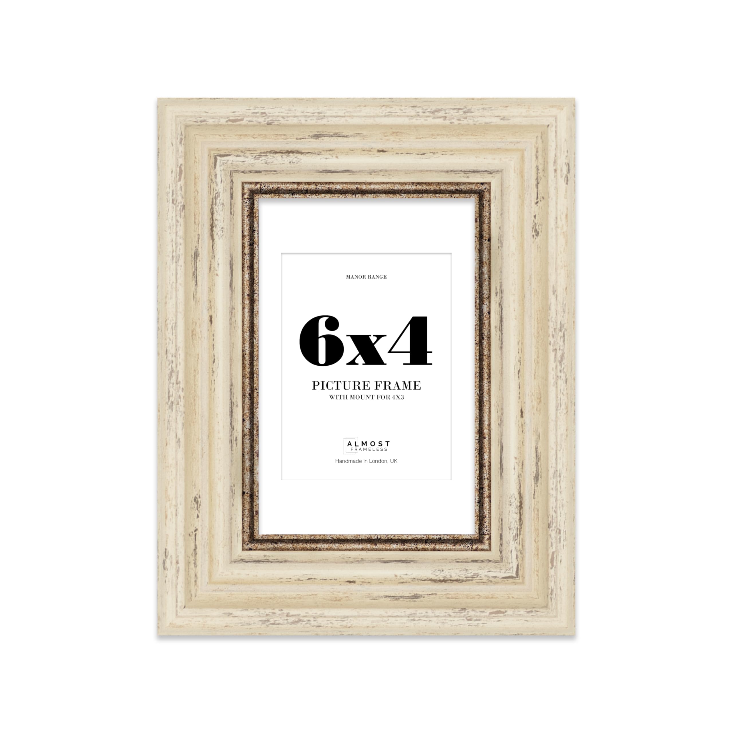 6x4 Distressed Cream Picture Frame - 6x4 Frame with 4x3 Mount for 6x4/4x3 Pictures Luxurious Style Antique-Inspired Home Accessories, 1 Pack