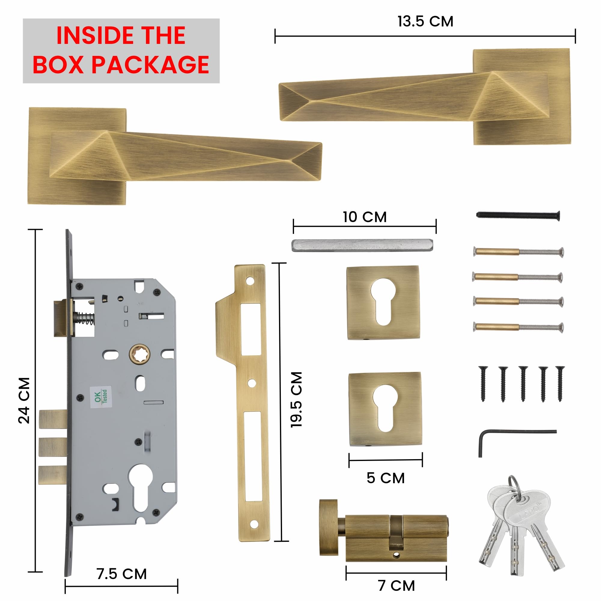 LAPO Premium Main Door Lock Set | Solid-Core 50x85mm Lock Body with 70mm Cylinder | 3 Brass Keys | Universal Left/Right Fit | Suitable for 30–50mm Doors | Antique Finish | 3 Yrs Warranty | RO-126 — Amazon image 2