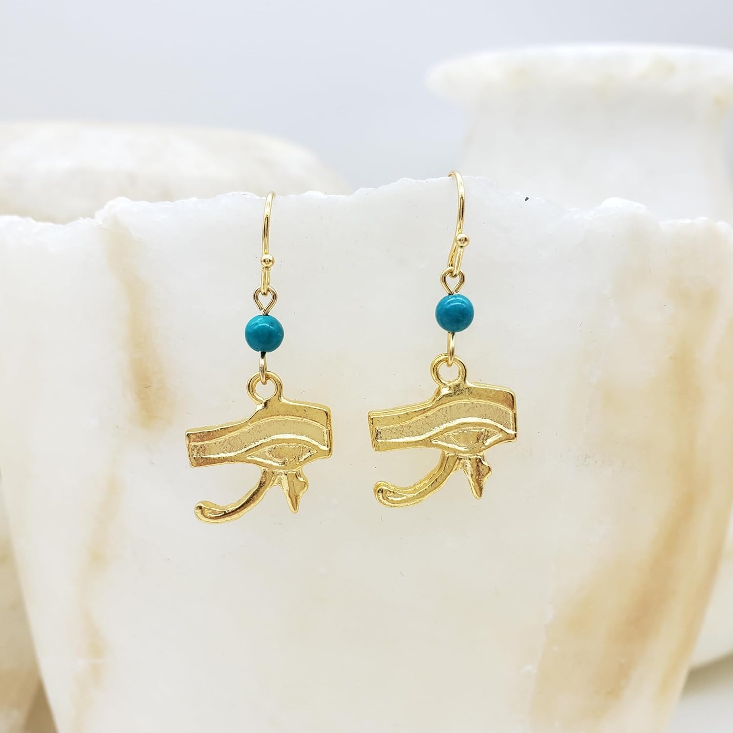 Eye of Horus Earrings with Turquoise - Gold Finish - Egyptian God Inspired - Eye of Ra