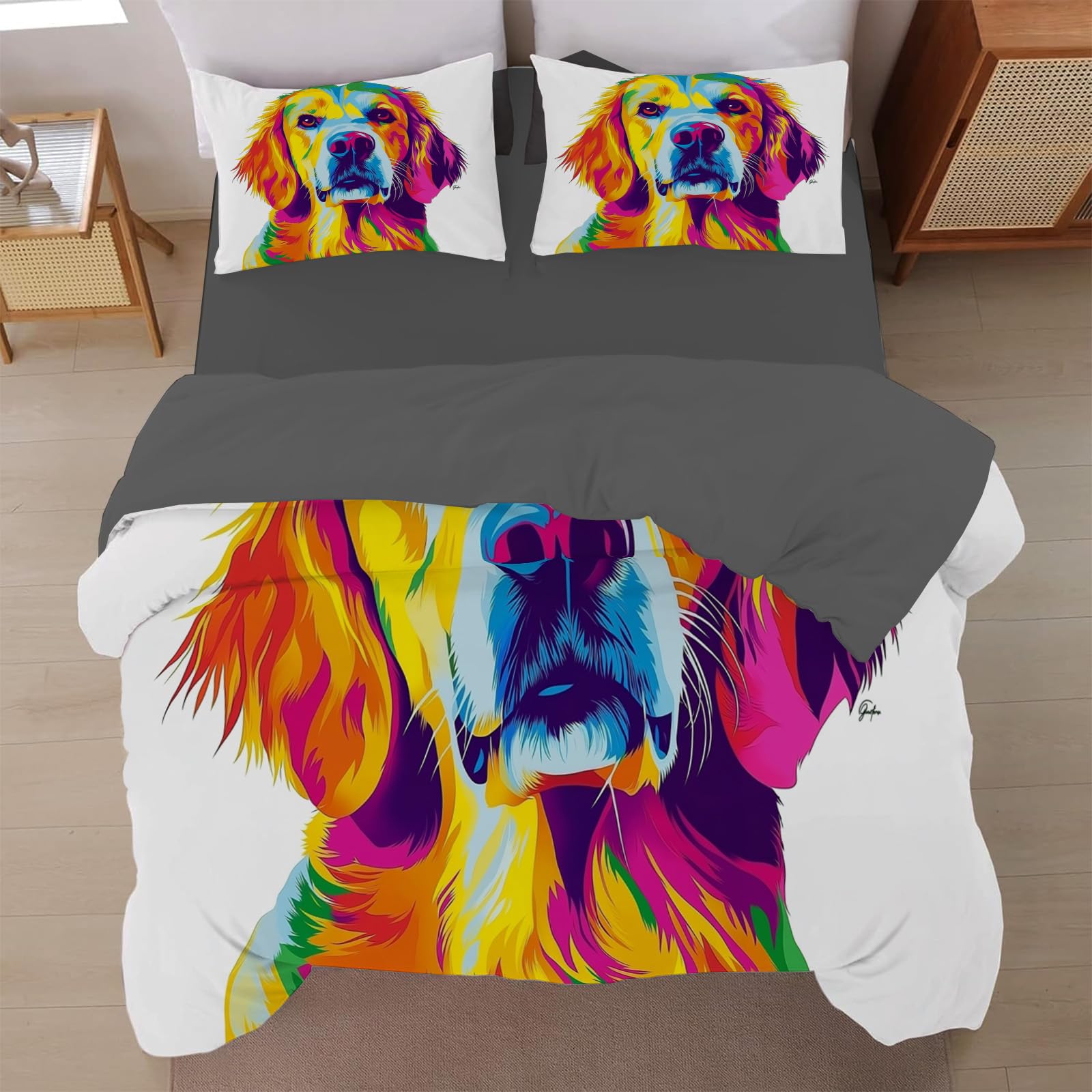 Parure de lit 200x200 cm animaux housse de couette chien pop art pour adulte
