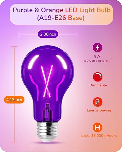 Miniatura 3 de EDISHINE Bombilla de filamento de vidrio morado naranja, bombilla LED regulable A19 de 8 W, bombilla LED Edison púrpura naranja para decoraciones de