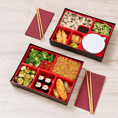 Miniatura 3 de Bento Tek - Caja Bento rectangular de estilo japonés grande negro y rojo 6 compartimentos 12 14 x 9 34 x 2 14 pulgadas 1 caja