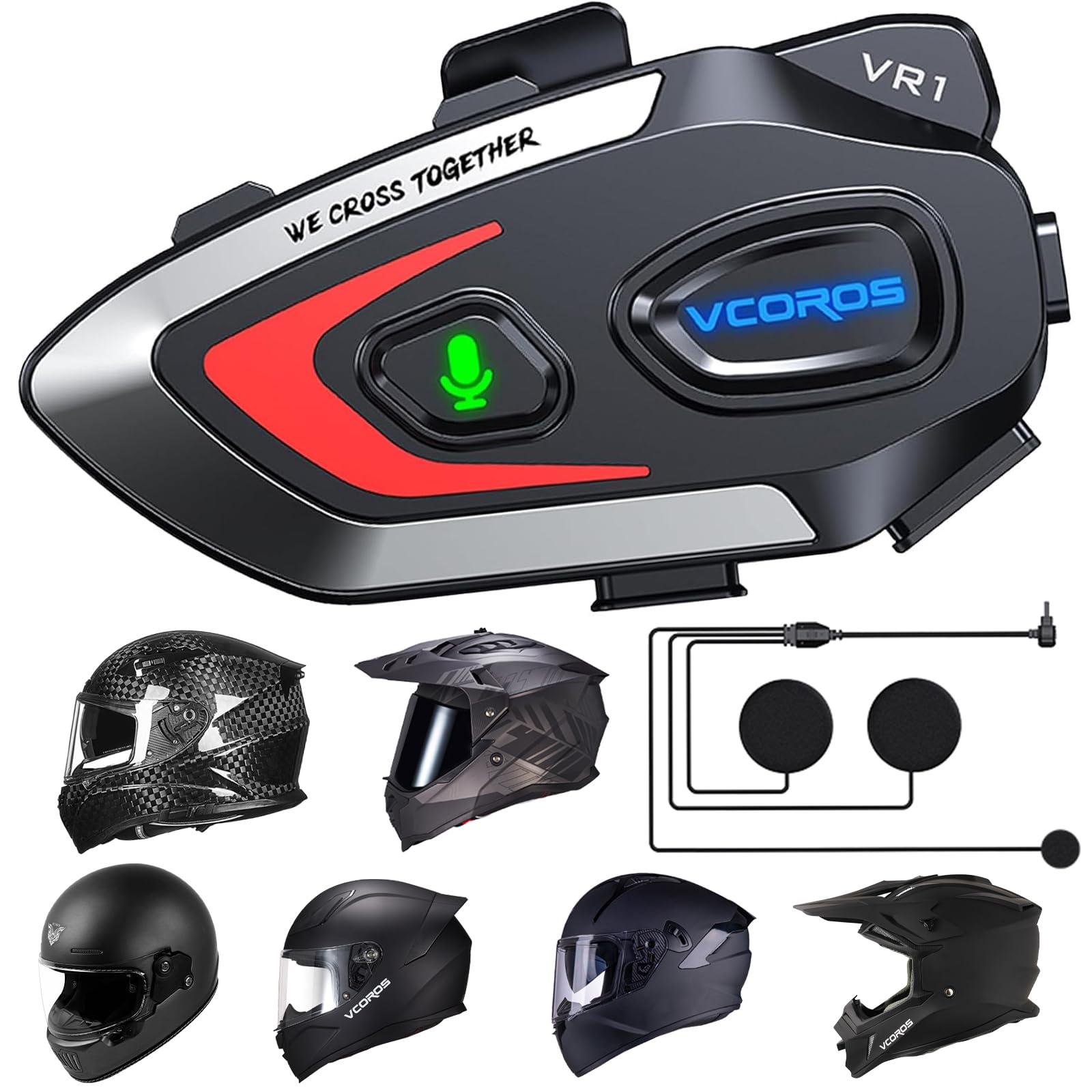 VCOROS VR1 Motorcycle Helmet Headset, Long Battery Life Helmet Speakers with Automatic Answer/Dual Noise Cancellation/AI Voice Assistant/IPX6