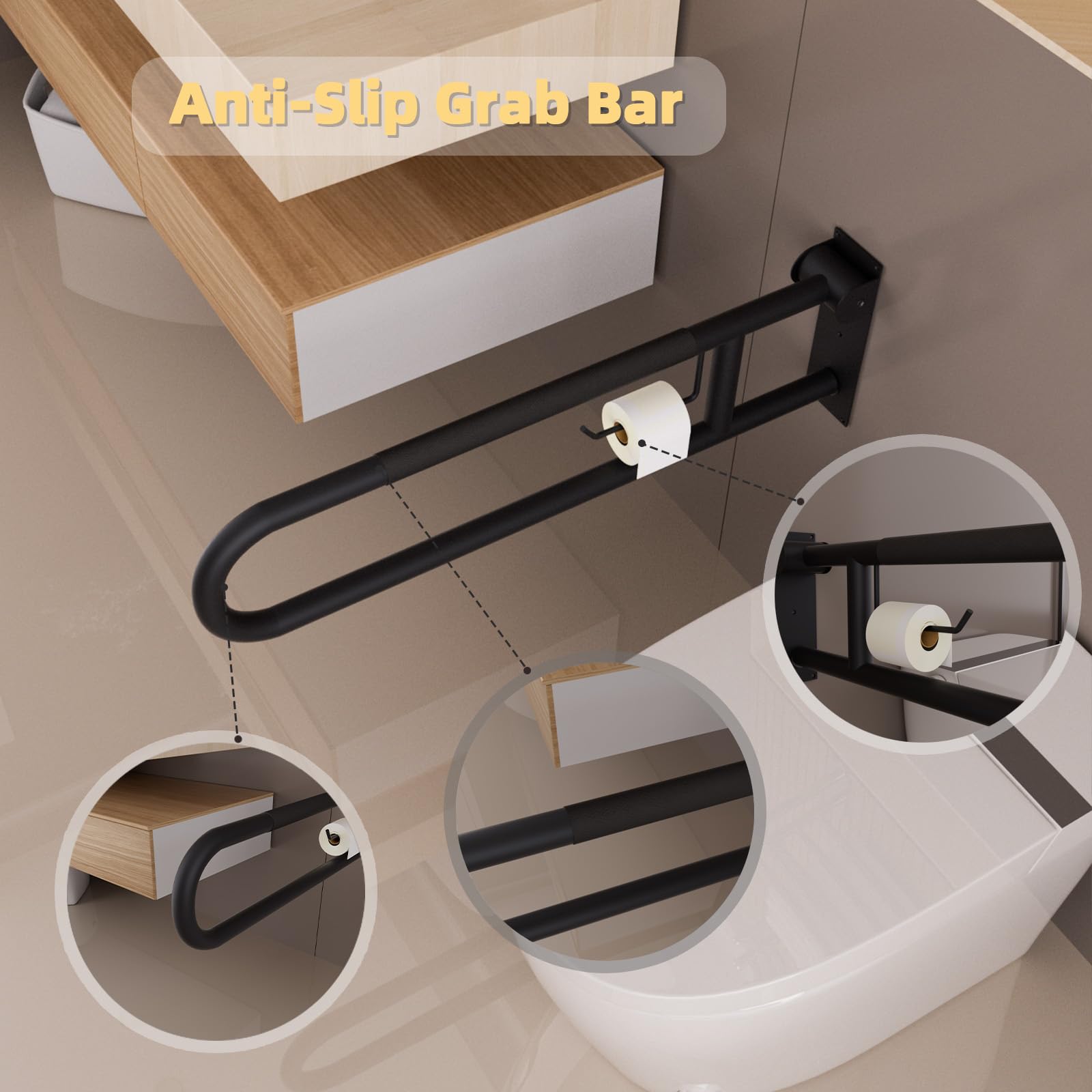 Maniglia per WC da 76 cm, nero opaco, pieghevole, con porta carta, barre antiscivolo zigrinate per WC, corrimano in acciaio inox per anziani disabili, anziani incinti