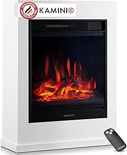 KAMINIO Elektrokamin Kalle - Elektrischer Standkamin mit Heizung, 3D-Flammeneffekt, Fernbedienung (Weiß)