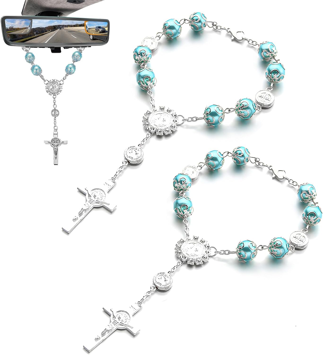 2 PCS Car Rosary for Rearview Mirror, Personalized Blessing Hanging Pendant for Car Rear View Mirror, Cross Rosary Ornament Interior Decor for Most Vehicles, Car Accessories (Blue)