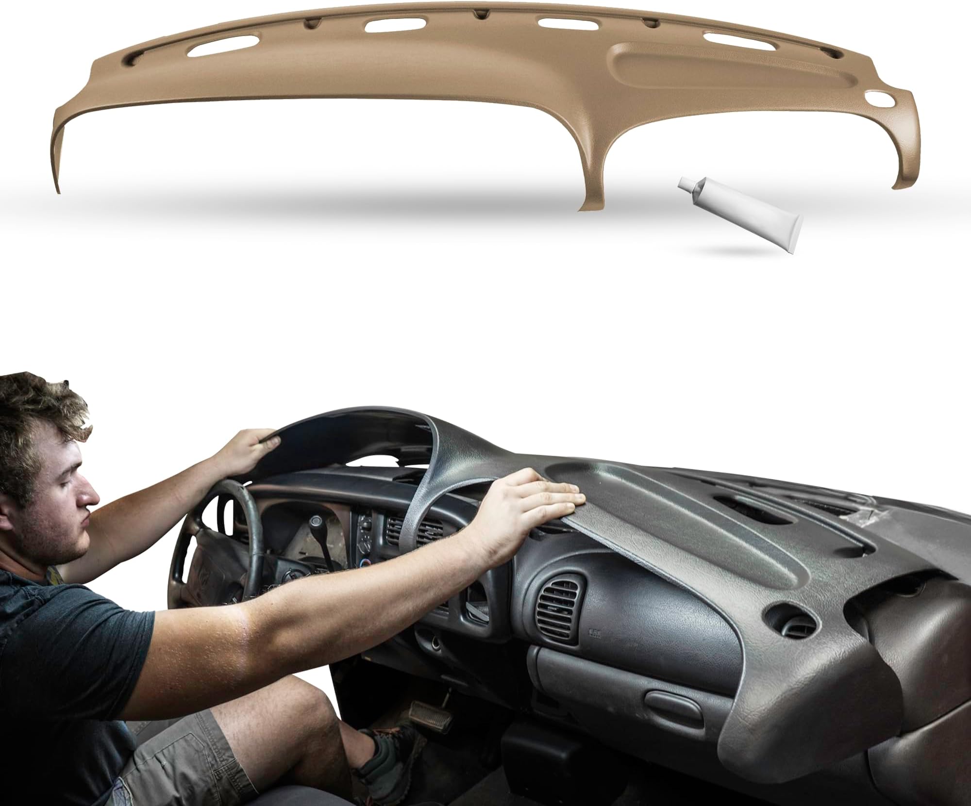 DashSkin Dash Cover Compatible with 1998 1999 2000 2001 Dodge Ram 1500 (98-02 Ram 2500 & 3500) in Camel - Hard Molded Plastic Dashboard Cap