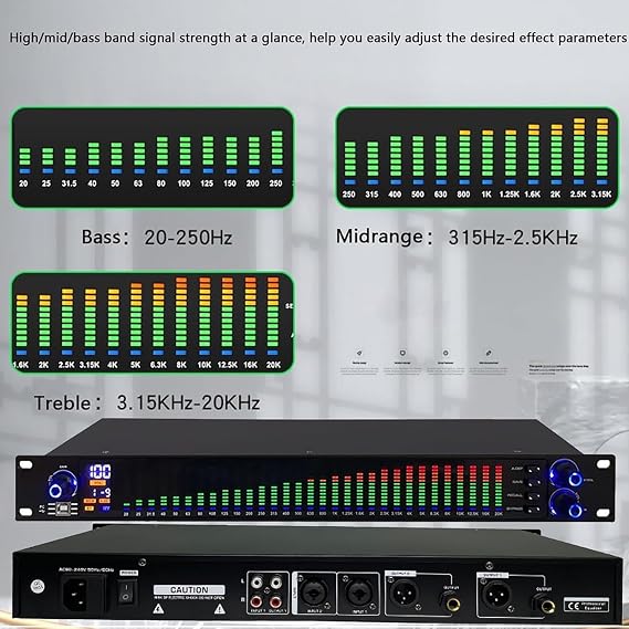 31-Band Digital Equalizer Eq with Led Spectrum Display, 10 Preset Effects, Independent Low-frequency/mid-frequency/high-frequency Adjustment, Suitable for Recording Studios(EQ-777S)