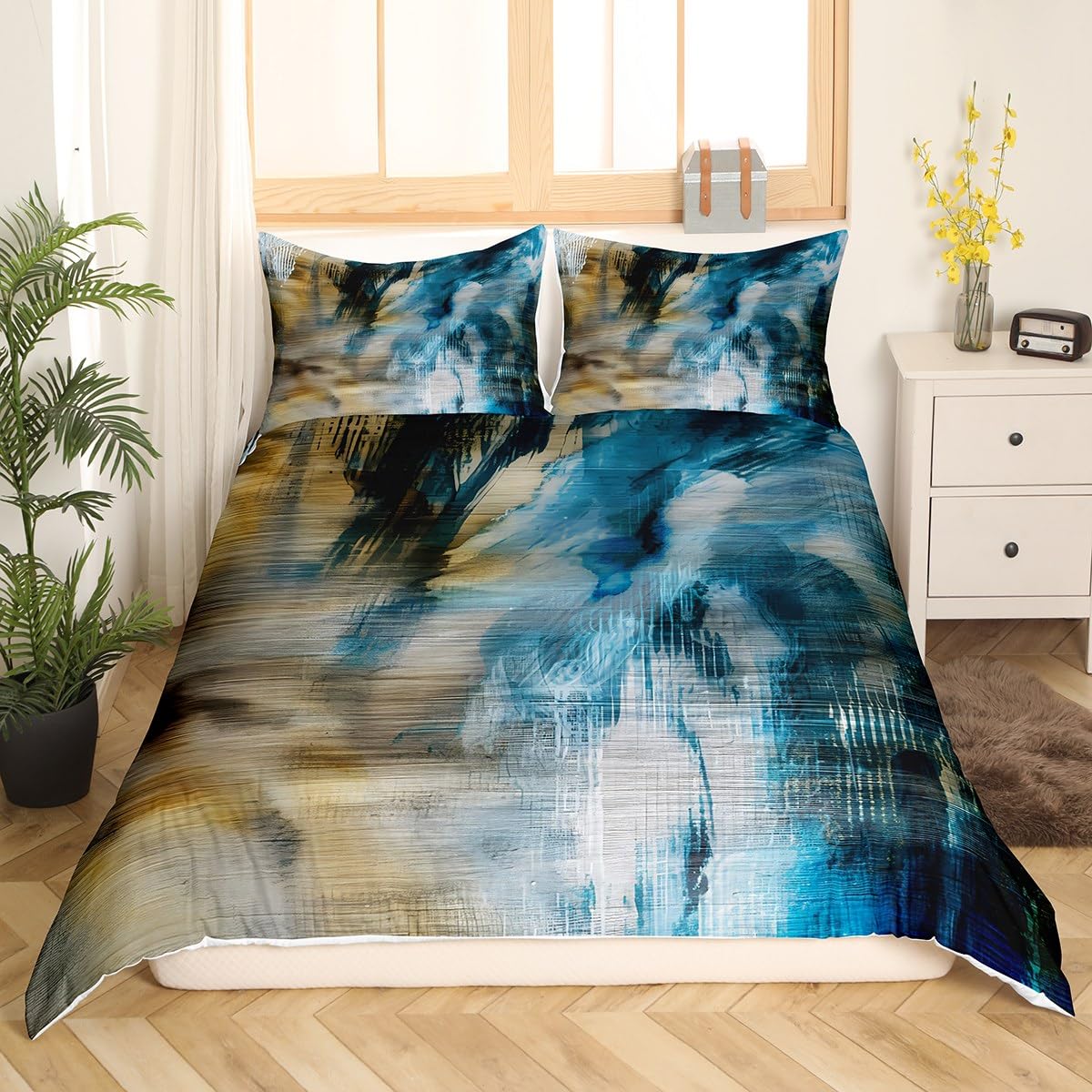 Feelyou Vintage Abstract Bedding Set for Kids Boys Girls Messy Rust Painting Comforter Cover Set Modern Grunge Art Duvet Cover Bedroom Decor Blue Grey Bedspread Cover Queen Size Bedclothes Zipper