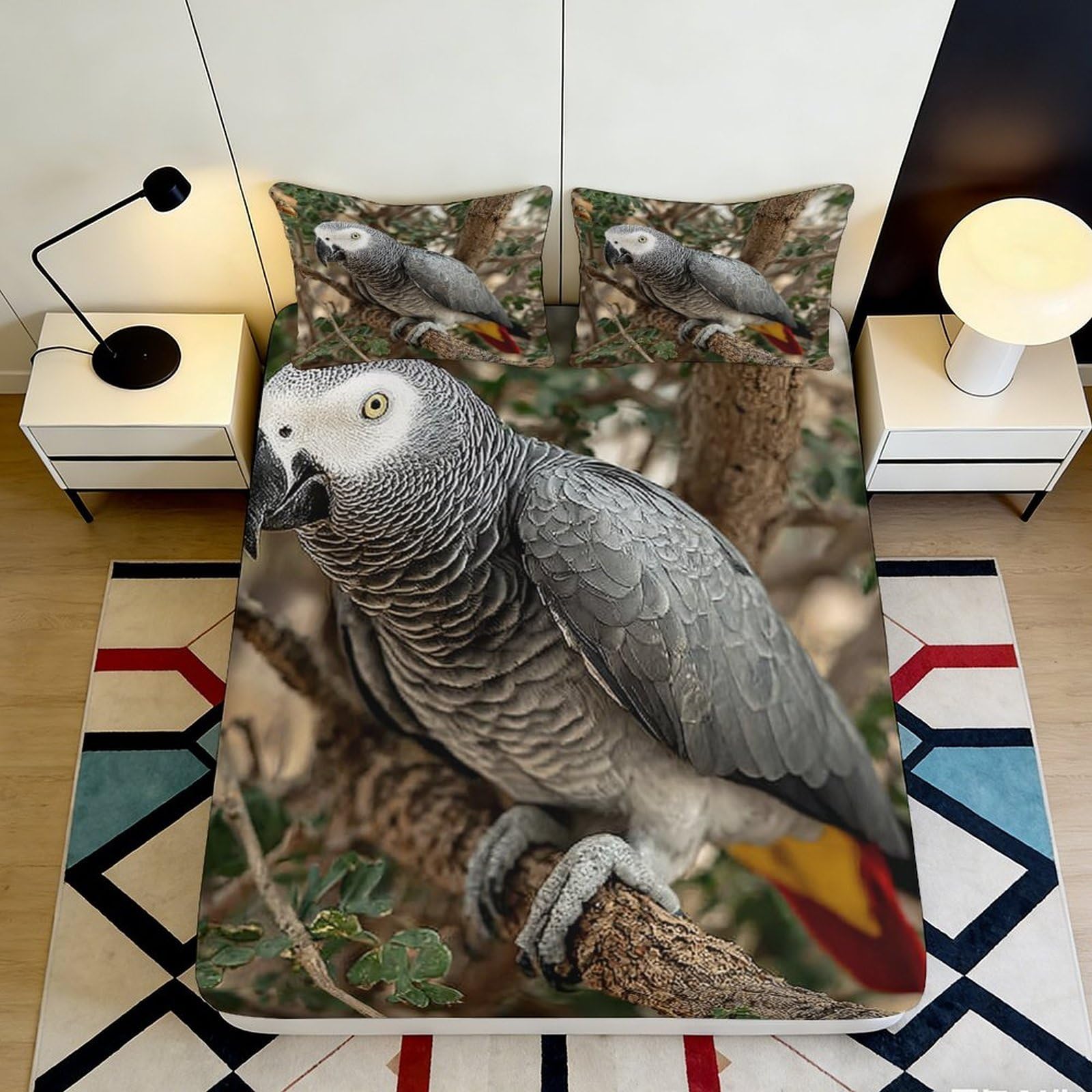 3D Printed Parrot Pattern Fitted Sheet Microfiber Deep Pocket Bedroom Bedding Parrot Mattress Fitted Cover Elastic Hem Washable for Adults 140x200x25cm