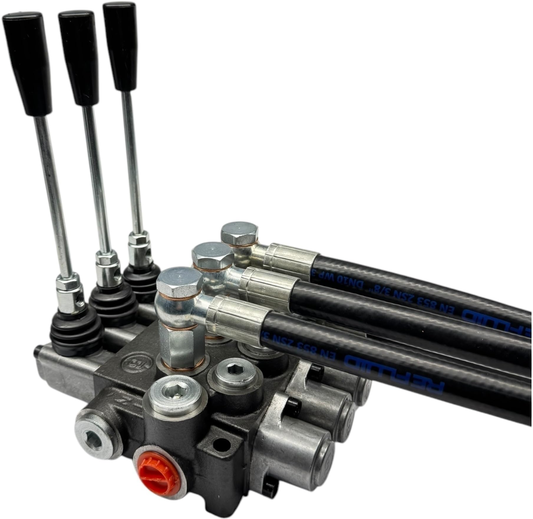 Distributore oleodinamico per trattore 3 leve - 1 doppio effetto 2 semplice effetto 3/8" completo di tubi e innesti rapidi push pull