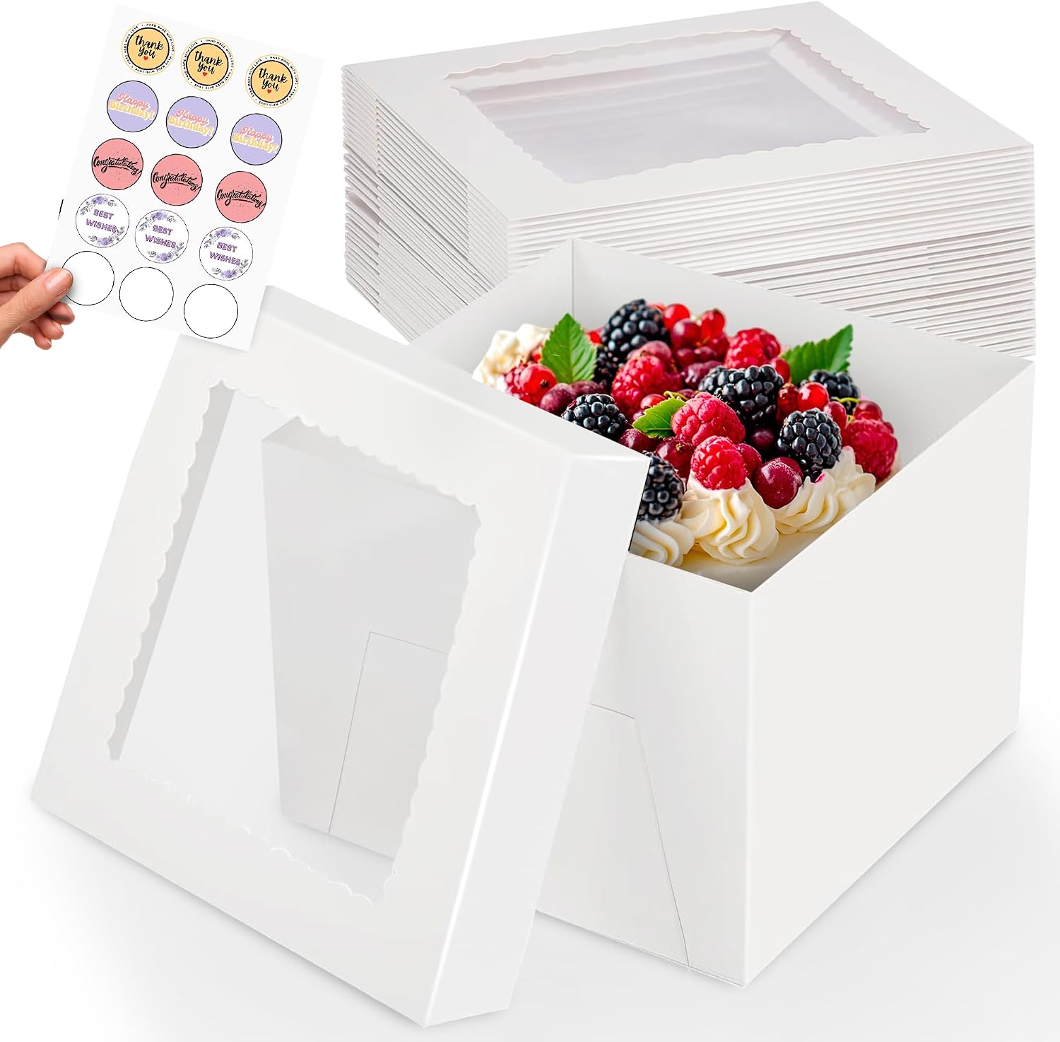 15pcs Cake Boxes, 10x10x8 Inches Tall Cake Box with Window, Large White Bakery Boxes, Baking Boxes, Square Cardboard Cake Box for Multi-Layer Cakes, Cake Decorating Supplies, Valentines Day