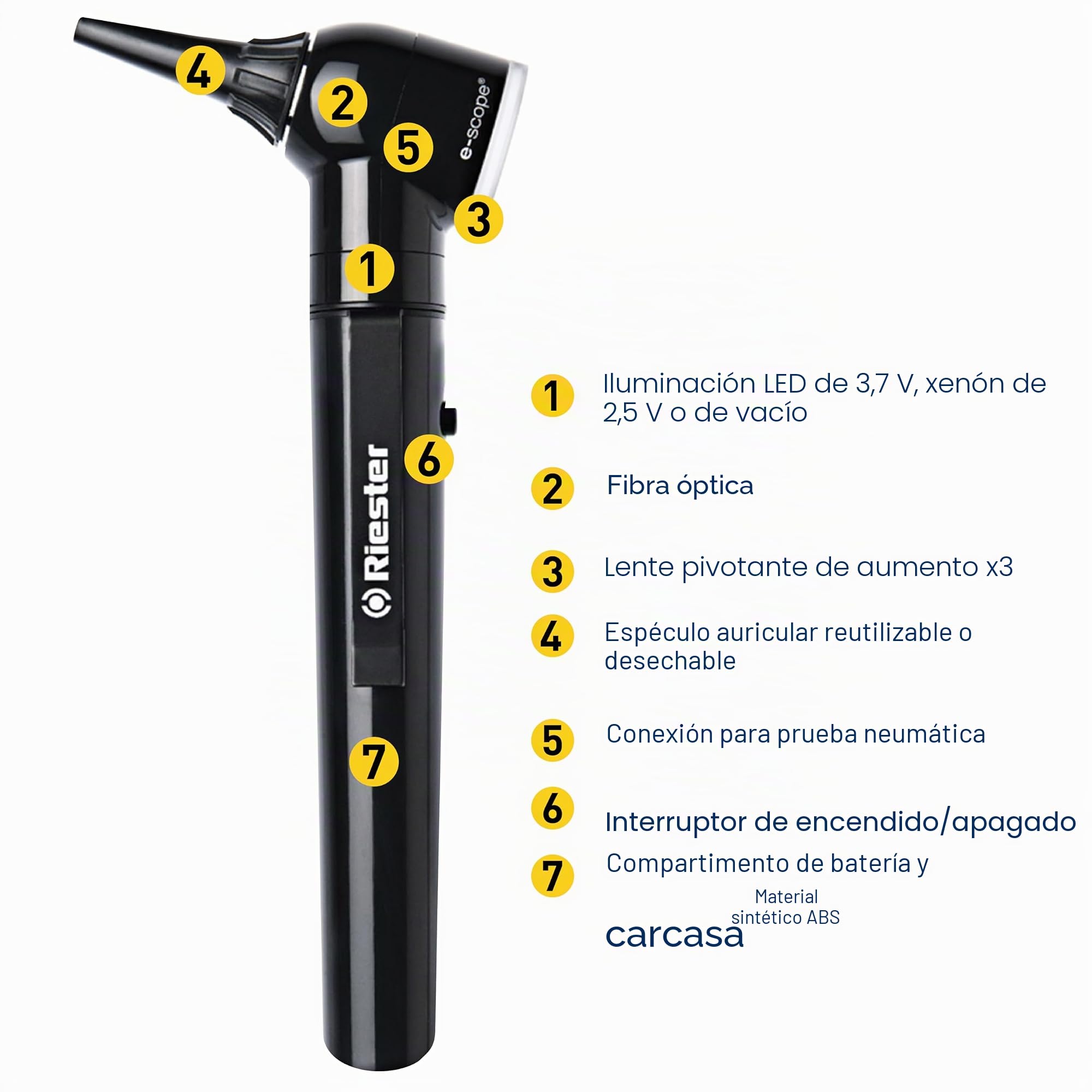Riester Otoscopio E-SCOPE F.O. led 3,7V, negro en maletín rígido, 31553