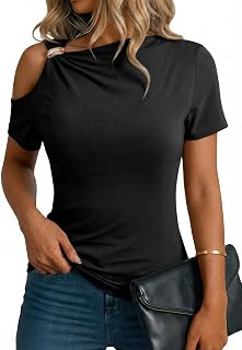 Dokotoo Womens Summer Tops Short Sleeve Cold Shoulder Metal Decorated Fashion T-Shirts Ribbed Knit Slim Fit Tee Blouses