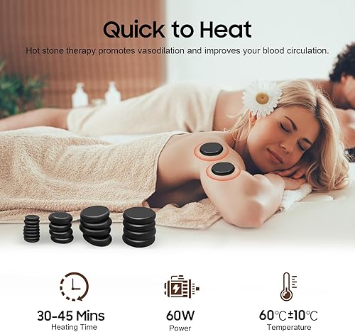 Miniatura 4 de NICECHOOSE - Kit de masaje de piedras calientes, 20 piezas, portátil, suave y natural, juego de rocas calientes de basalto, calentador de piedras de