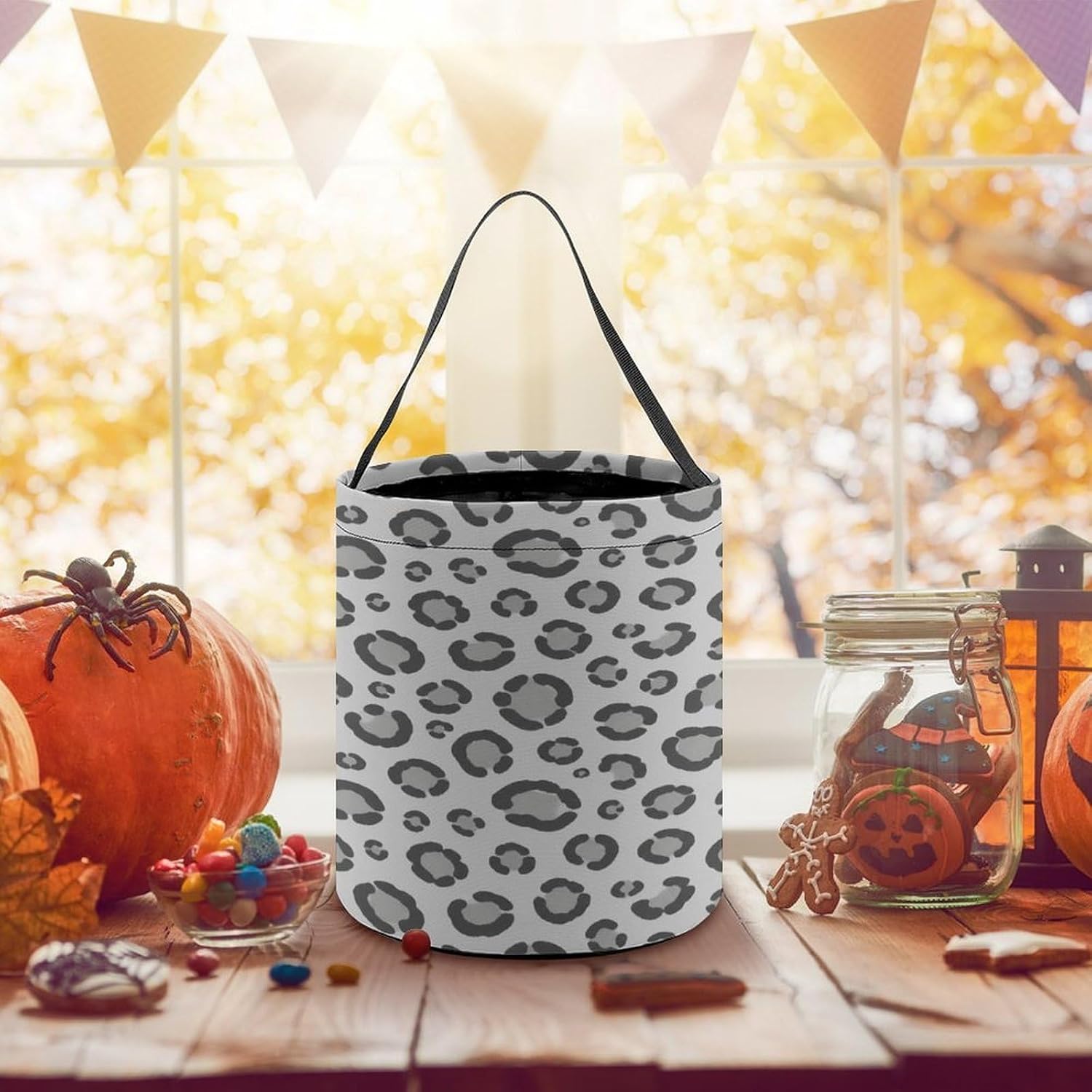 Dark Gray Halloween Trick Or Treat Bucket Candy Tote Hand‑held Pouch for Cosplay Theme Party Gift Storage image 5