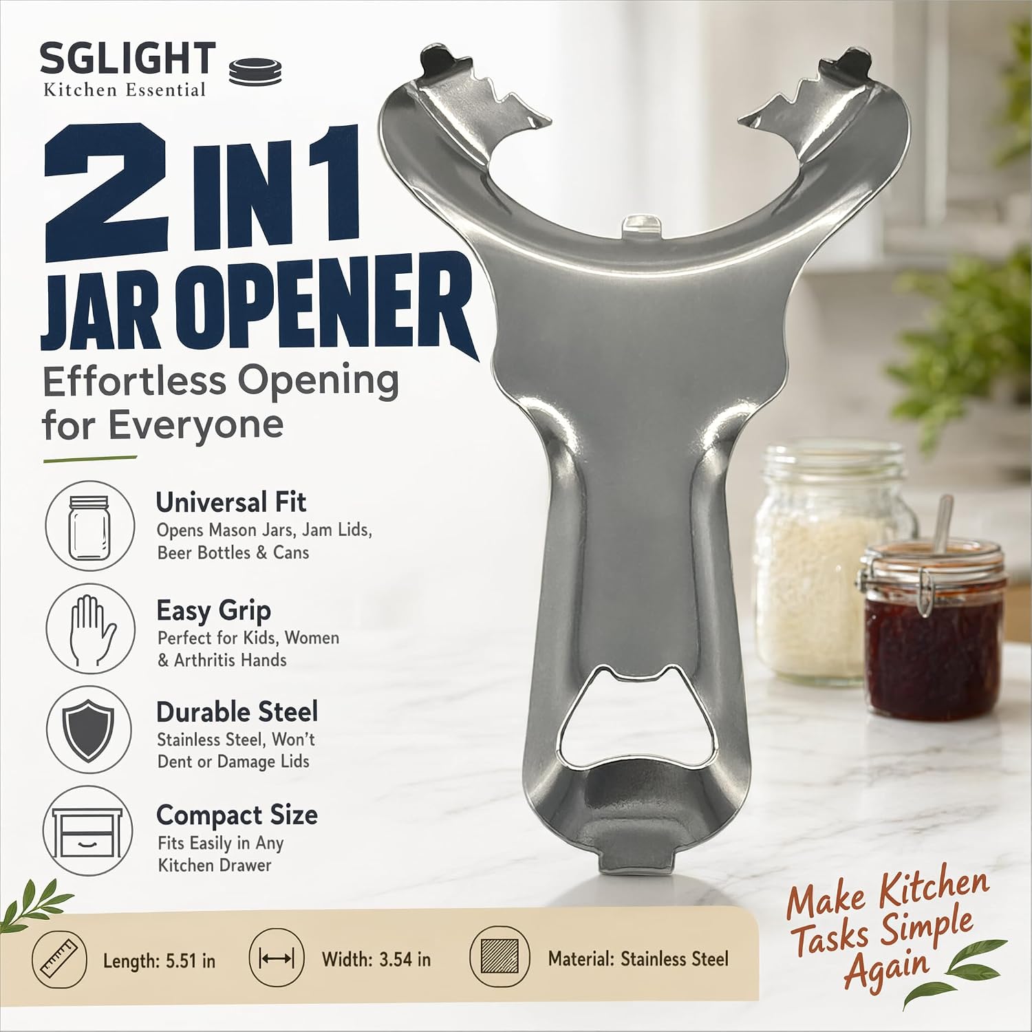 2 in 1 Mason Jar Opener & Bottle Opener for Canning Supplies, No Lid Dents