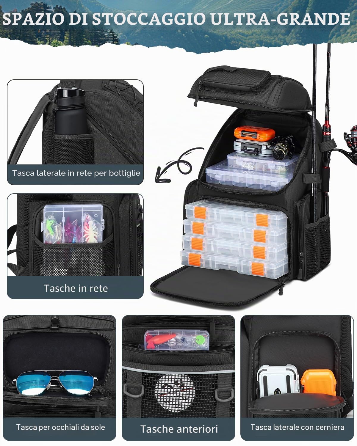 Zaino da Pesca con Scatole (Incluse), Lure Fishing Bag Borsa per Pesca da 50 l con Vano Frigo, Scatola Impermeabile, Grande Fishing Backpack per Campeggio e Avventure All'aria