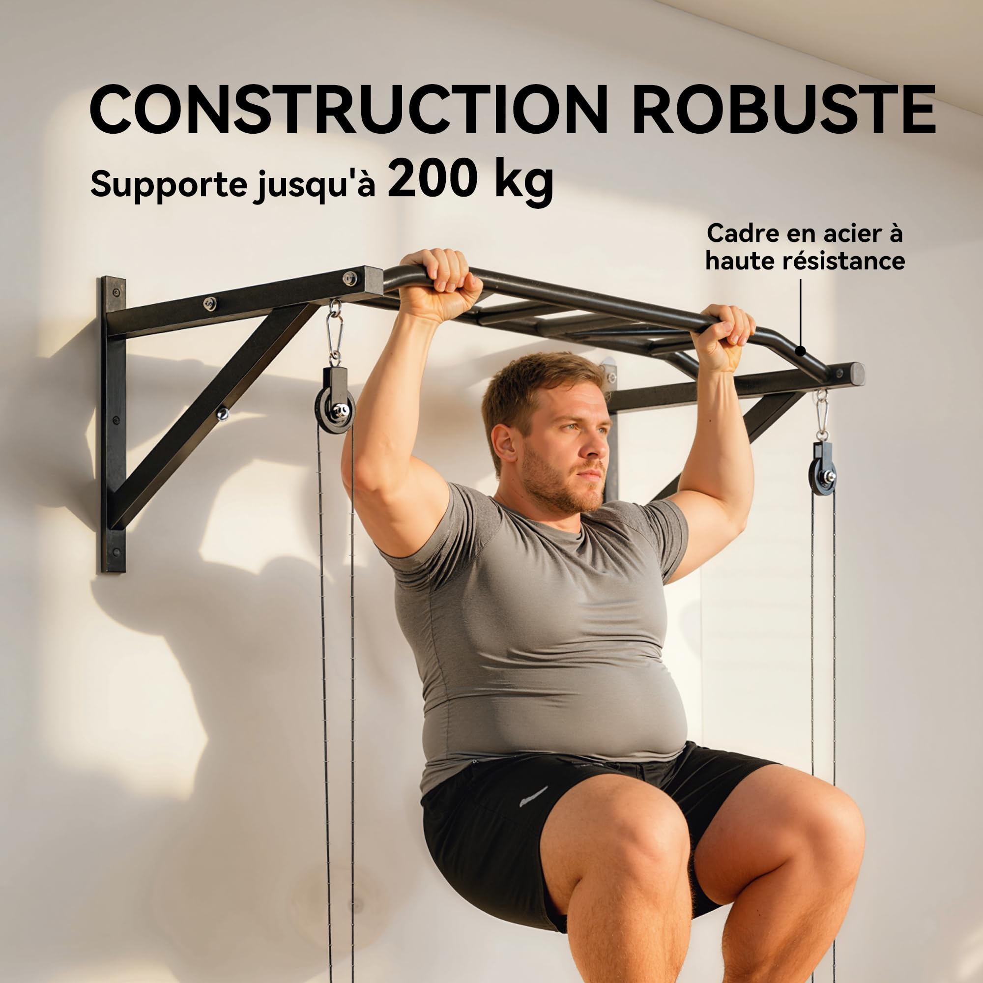 SPORTNOW Drążek do ciągnięcia na ścianie, wielofunkcyjny drążek fitness z wytrzymałą stalą, z systemem koła pasowego linki, uchwyt do ciągnięcia, do domu, obciążenie 200 kg, czarny