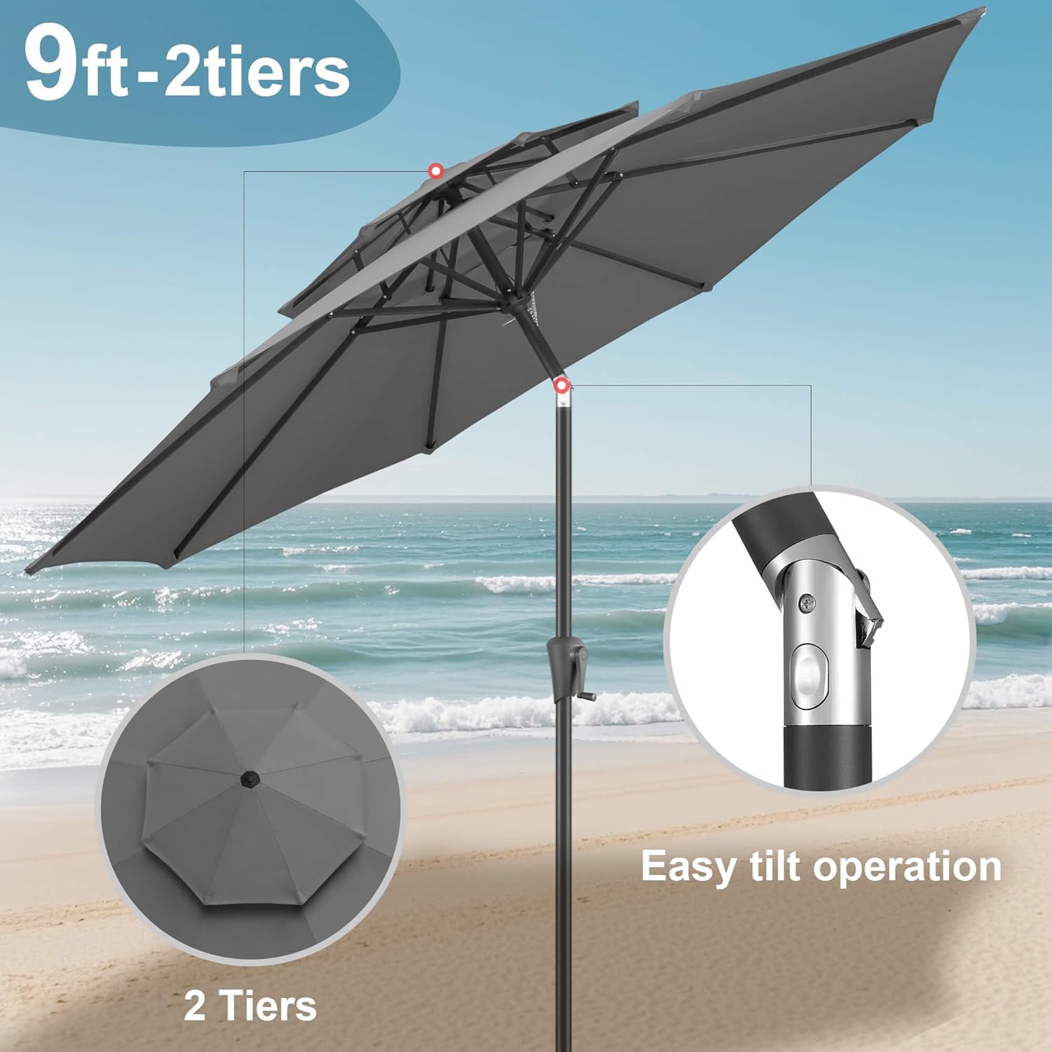 9 ft Dark Gray Aluminum Market Patio Umbrella with Push-Button Tilt