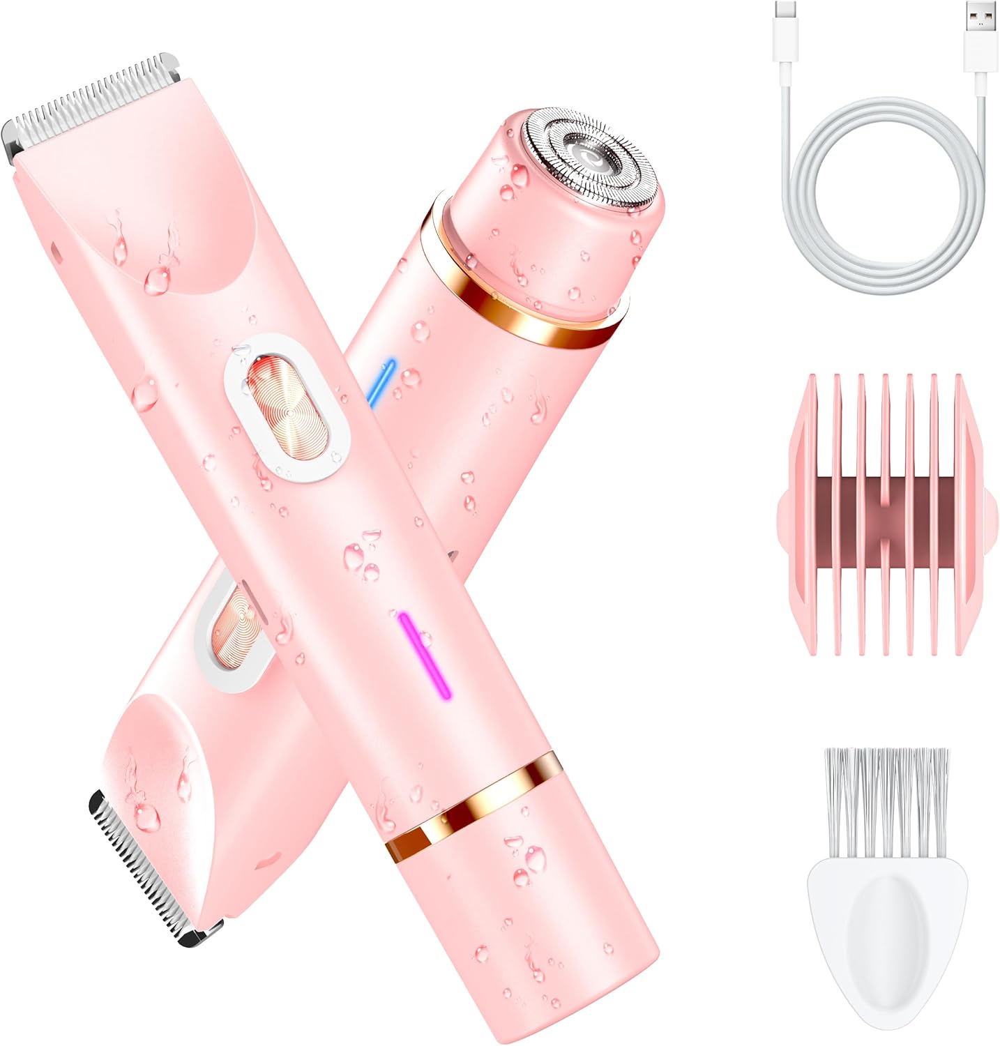 2-in-1 Women’s Electric Razor & Bikini Trimmer - Painless Pubic Hair Shaver, IPX7 Waterproof Wet/Dry Use for Bikini Area, Legs, Face, Underarms (Pink)