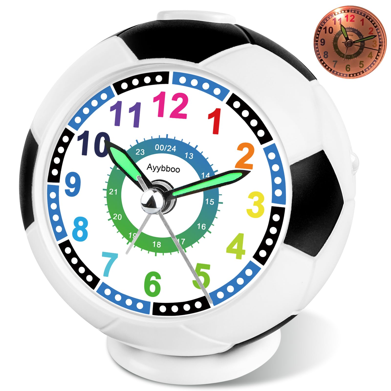Ayybboo Kinder Wecker für Jungen Mädchen，Ohne Ticken mit Analoge kinderwecker Fussball, Nachtlicht Schlummerwecker, Kinderlehrwecker für Schulanfänger Jungen und Mädchen (Schwarz Blau)