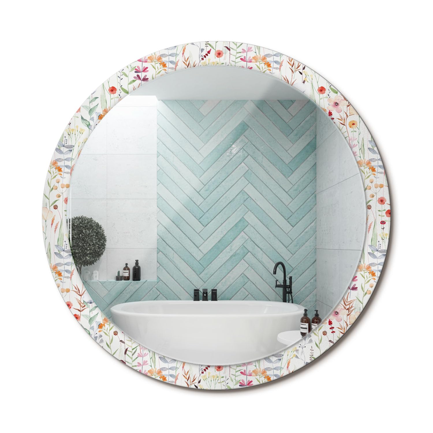 Miroir rond graphique fleurs sauvages pour illuminer un couloir