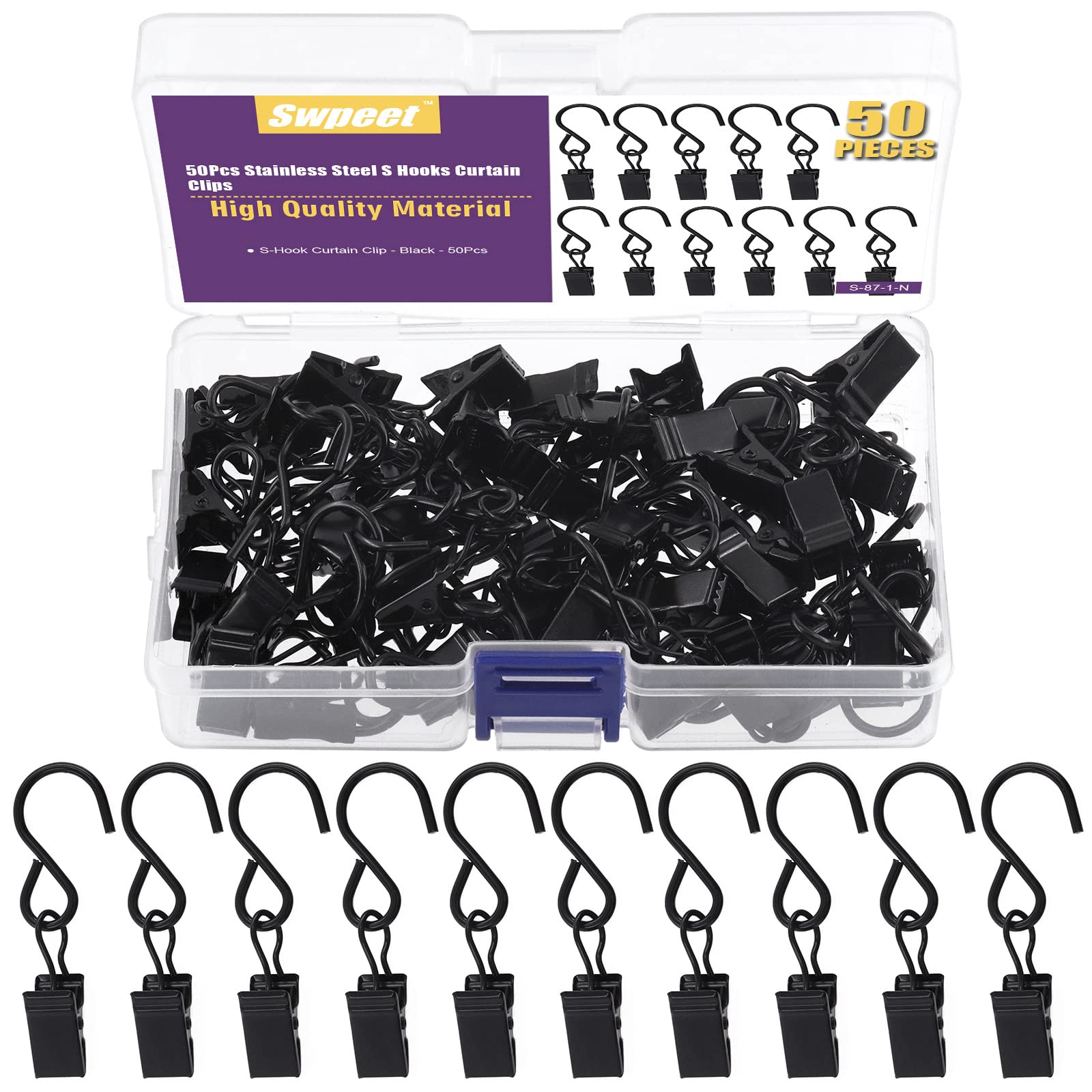 Swpeet Lot De 50 Crochets S Métal Noir Avec Clips Rideau - Solides Pour Décoration, Camping, Lampes Et Photos