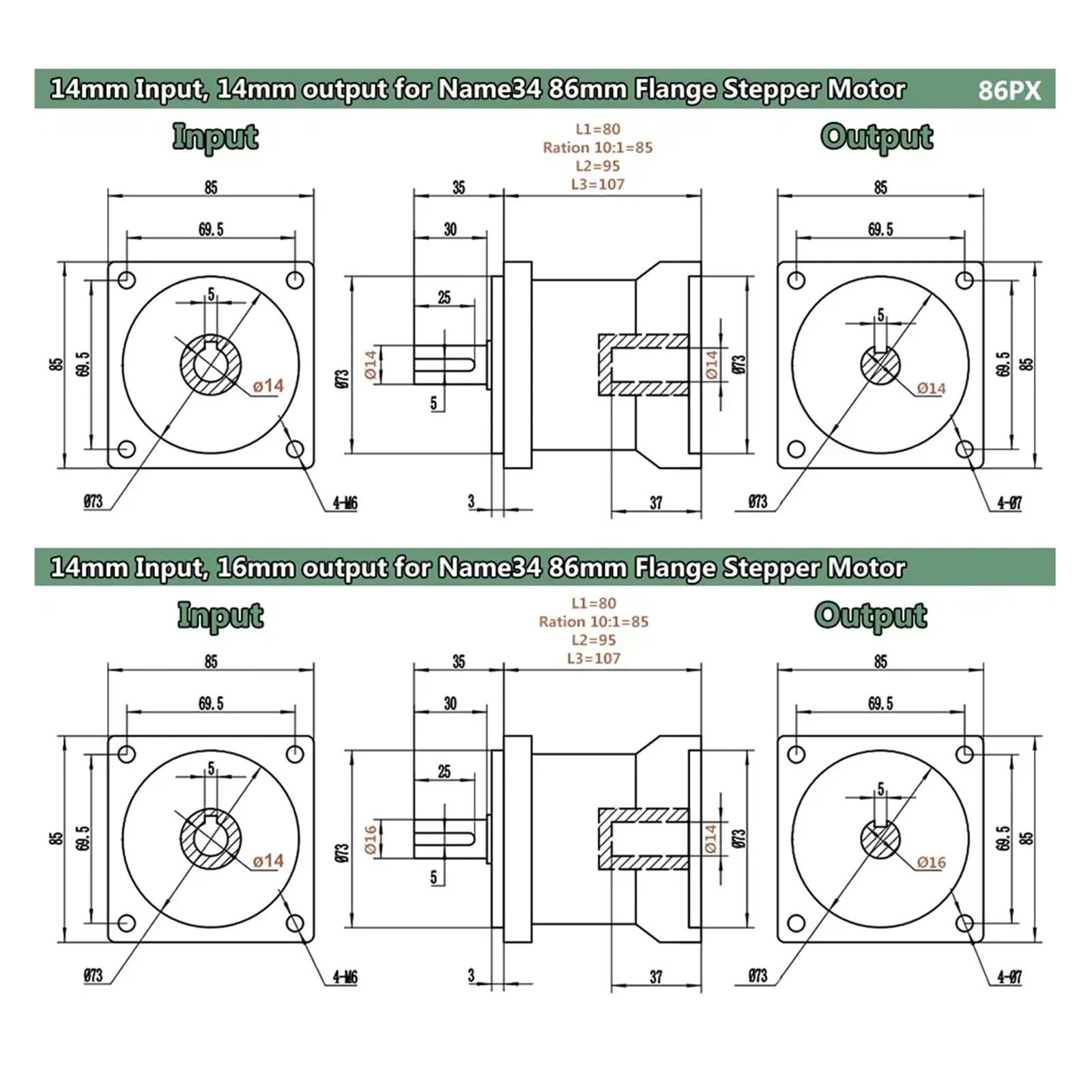 Planetengetriebe 86 mm Flansch 14/12,7 mm Eingang 16/14 mm Ausgangsverhältnis 3,5,10,15~216 bis 1 3000 U/min(14 Input 14 Output,Ratio 96 to 1)