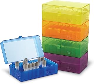 Heathrow Scientific 50 Well Microtube Storage Box with Snap Clasp, Fits 1.5/2.0mL Tubes and Vials, Polypropylene, Assorted Colors (Blue, Green, Purple, Yellow, Orange), Pack of 5