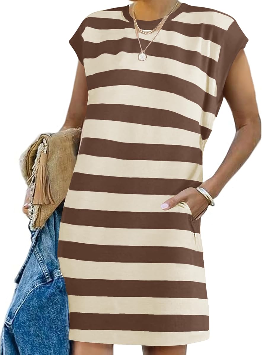 Womens Summer Striped T Shirt Dress Crew Neck Cap Sleeve Color Block Casual A Line Short Dresses with Pockets
