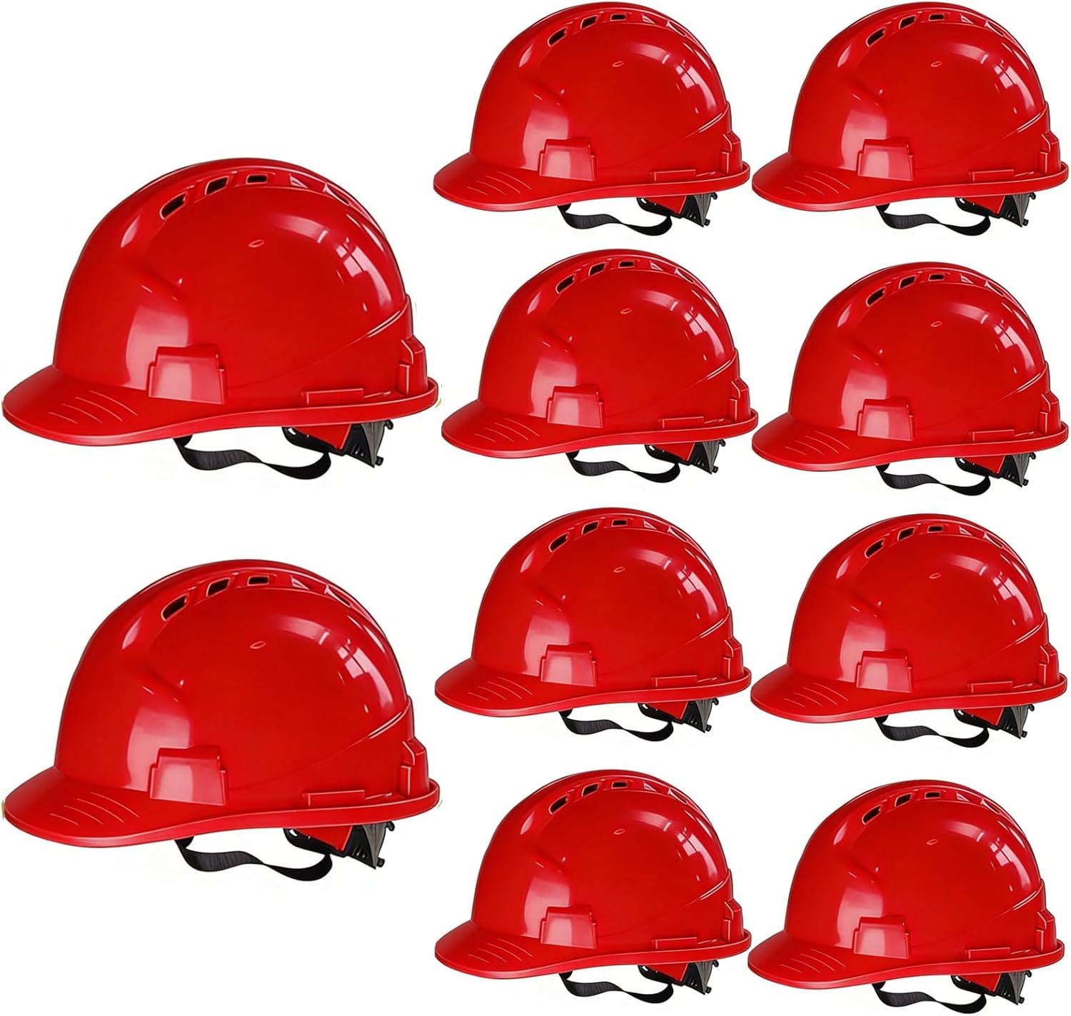 10 Pack 4 Pt. Suspension Hard Hat Bulk Safety Helmets Adjustable Ratchet Hard Hats, Vents & Sweat Cotton Brow Pad - ABS Construction Safety Helmets for Work Sites & Outdoor Labor Red