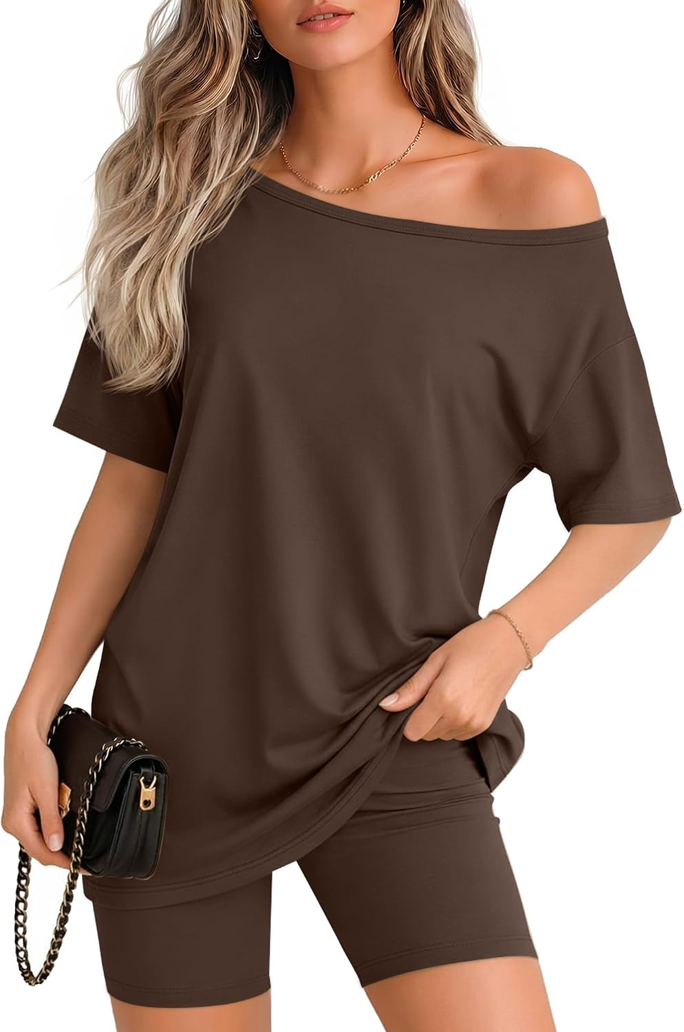 Huukeay 2 Piece Lounge Sets for Women, Summer Shorts Outfits, Off the Shoulder Oversized Shirt and Biker