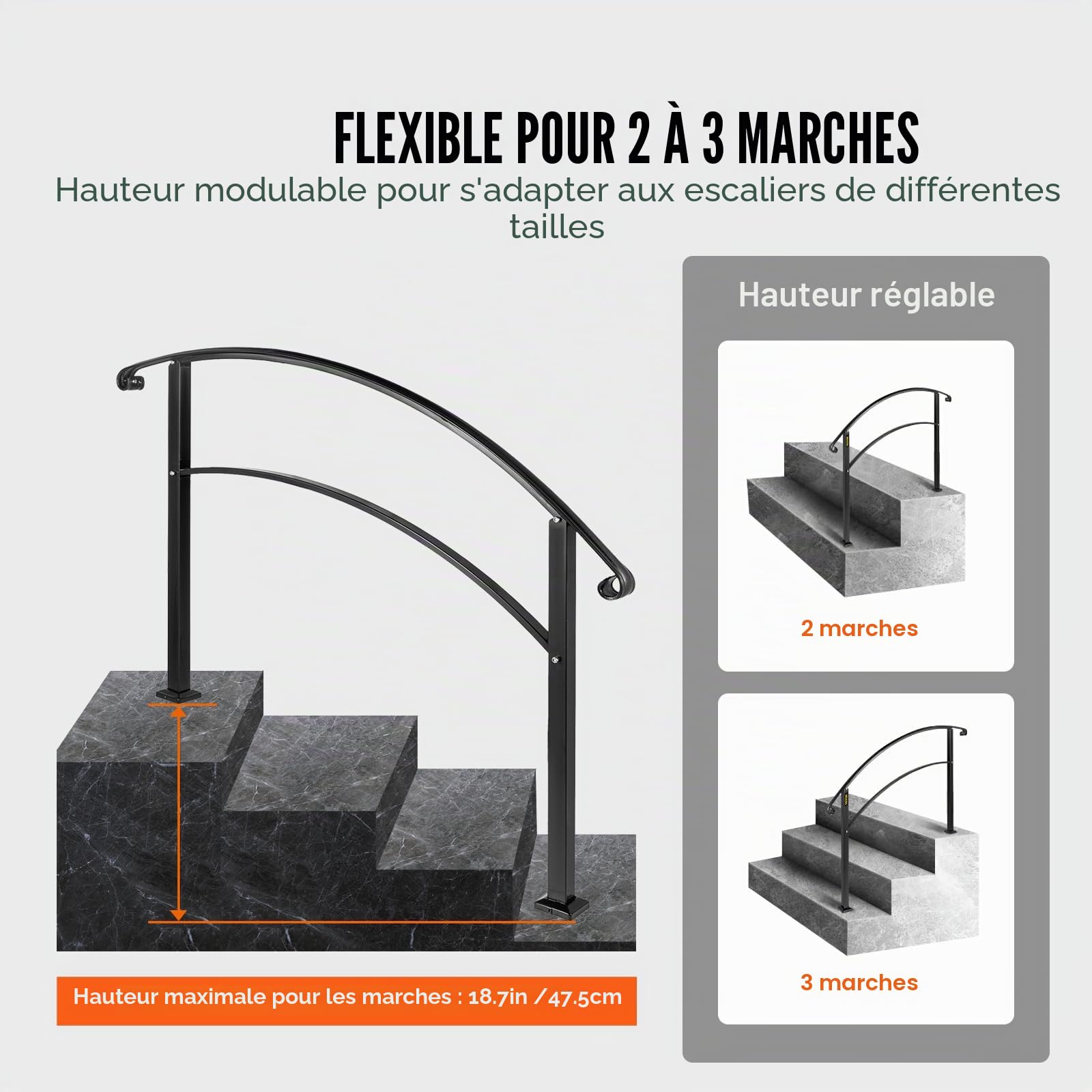 Happybuy Rampe d’escalier Main courante de Transition pour 3 marches noir