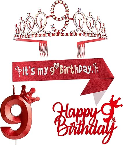 Vista 34 de Decoraciones de 7º cumpleaños para niña, incluyendo corona/tiara, banda, adornos para pastel de cumpleaños y velas del número 7, suministros de Rosa