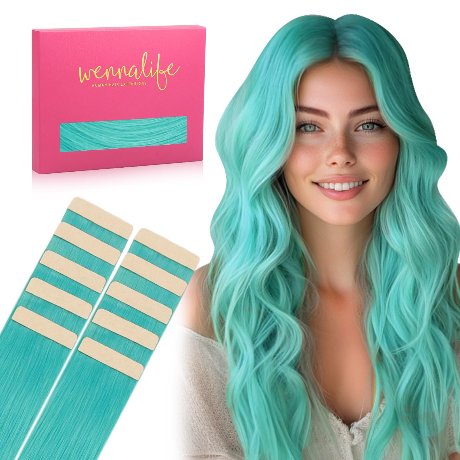 WENNALIFE Tape in Hair Extensions, 10pcs 30g 22 inch Remy Invisible Tape Ins Straight Teal Green Colored Soft Real Human Hair Extensions Refill Set