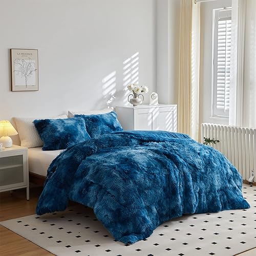 Miniatura 3 de Jeyfull Juego de edredón de lujo de piel sintética tamaño Queen juego de edredón de felpa lanuda de 3 piezas juego de ropa de cama ultra suave