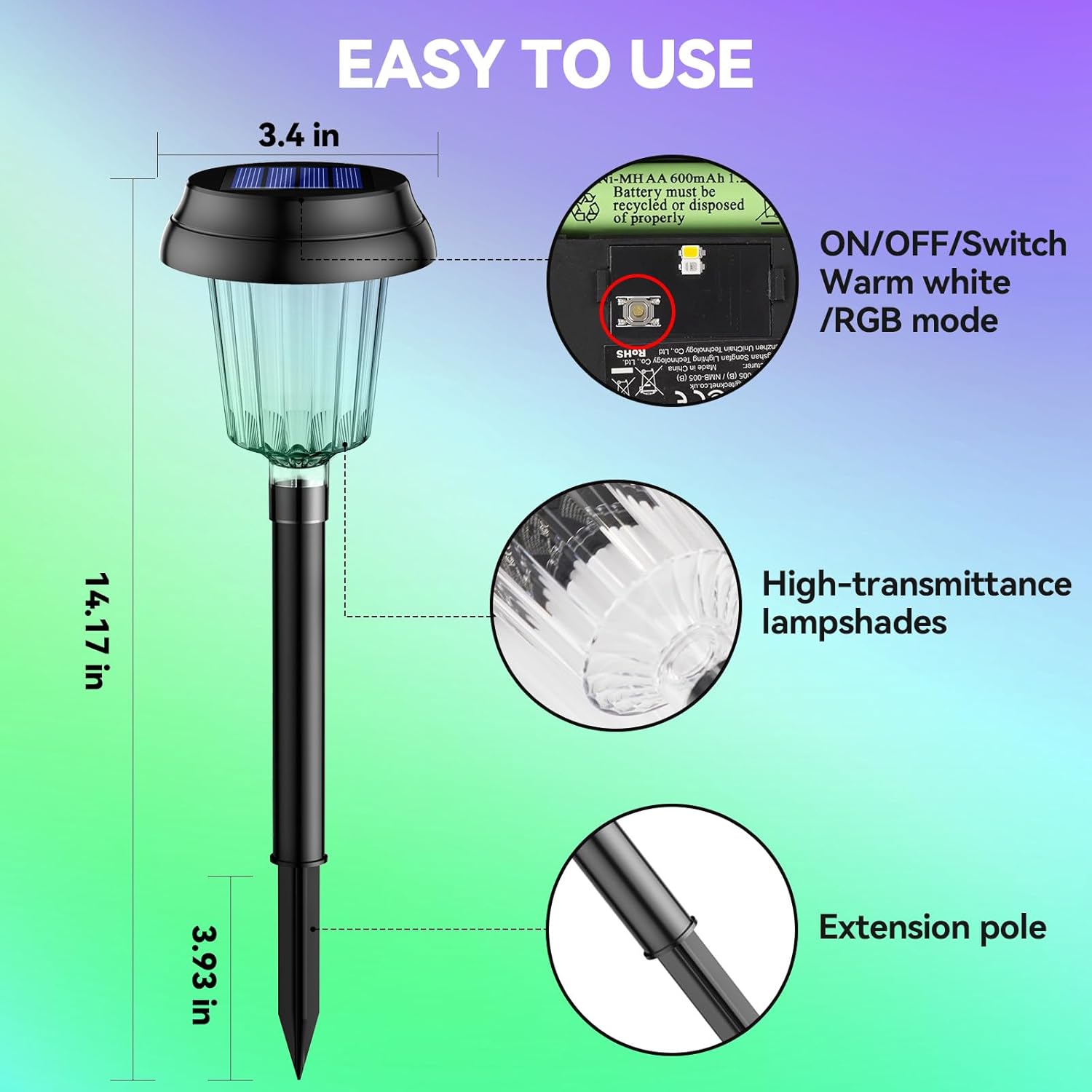 TECKNET 8 Pack Solar Powered Pathway Lights, Auto On/Off Color Changing Solar Stake Lights Outdoor with Warm White & RGB Colored, IP68 Waterproof Pathway Light Outdoor for Yard Walkway Lawn