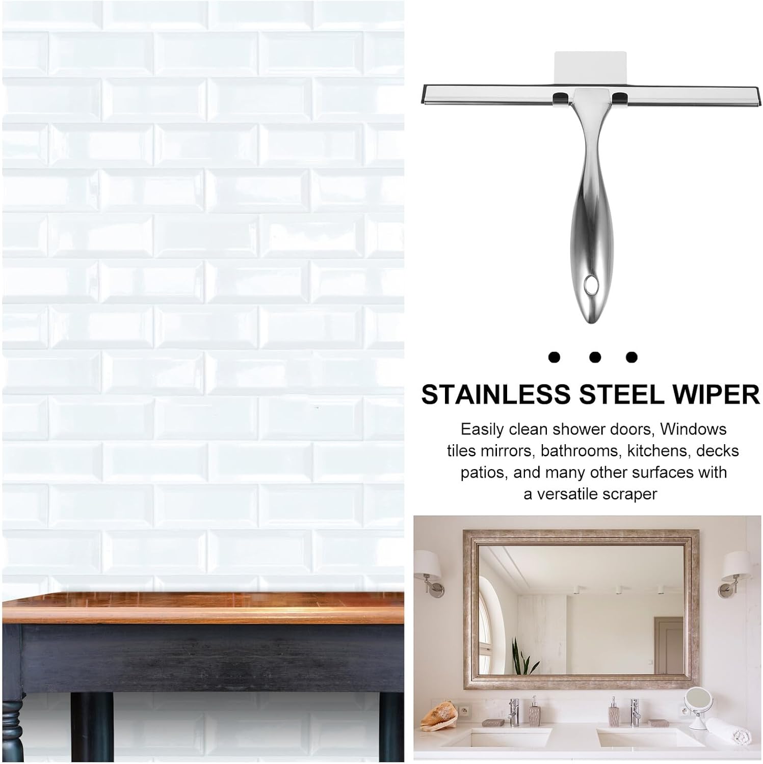 Portable Window Squeegee with Adhesive Hook Stainless Steel Shower Glass Door Cleaner for Bathroom Tiles Mirrors Car Windows Ergonomic Lightweight Tool for Effortless Water and