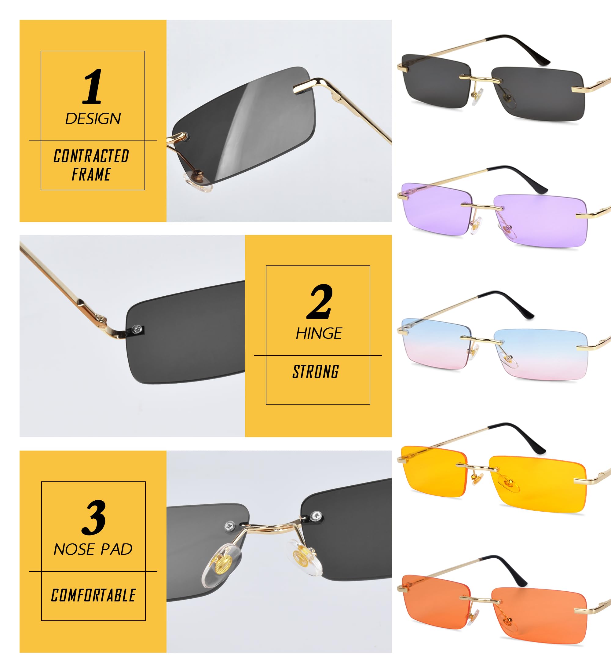 Gafas de Sol Sin Montura Rectangulares para Mujer Hombre Vintage Lentes de Sol Mujer Gafas Cuadradas Pequeñas para Fiesta Moda con Protección UV400
