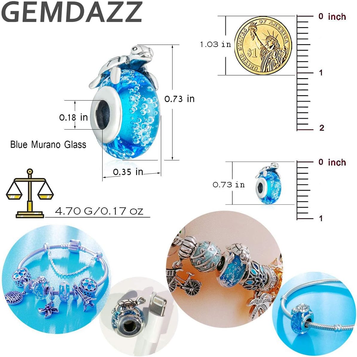 Sea Turtle on Blue Bubble Murano Glass Charms, Fit Pandora Ocean Bracelets | 925 Sterling Silver Tropical Marine Life Beads, Gift for Hawaii Vacation, Summer Travel on Holiday or Mothers Day