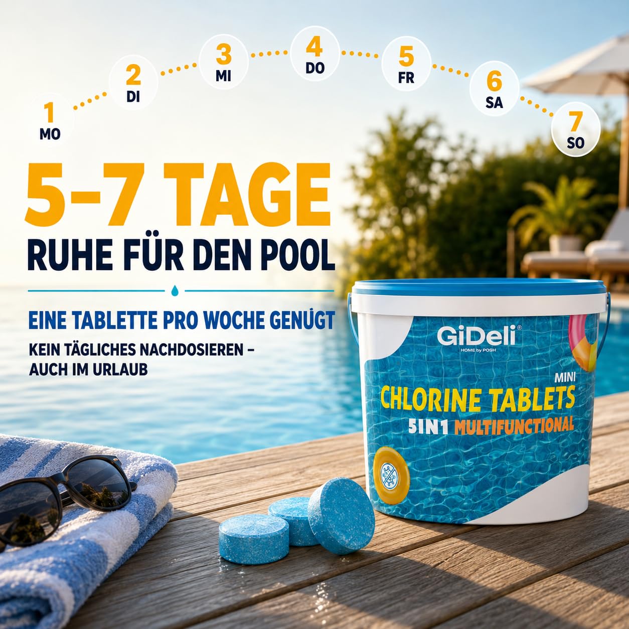 GiDeli Mini Chlortabletten Multifunktional 5kg im Eimer - Langsamlösliche 20-g-Multitabs für kleine Pools - Für Aufstellbecken, aufblasbare Pools & Gartenpool - Algenschutz UV-stabilisiert Flockung