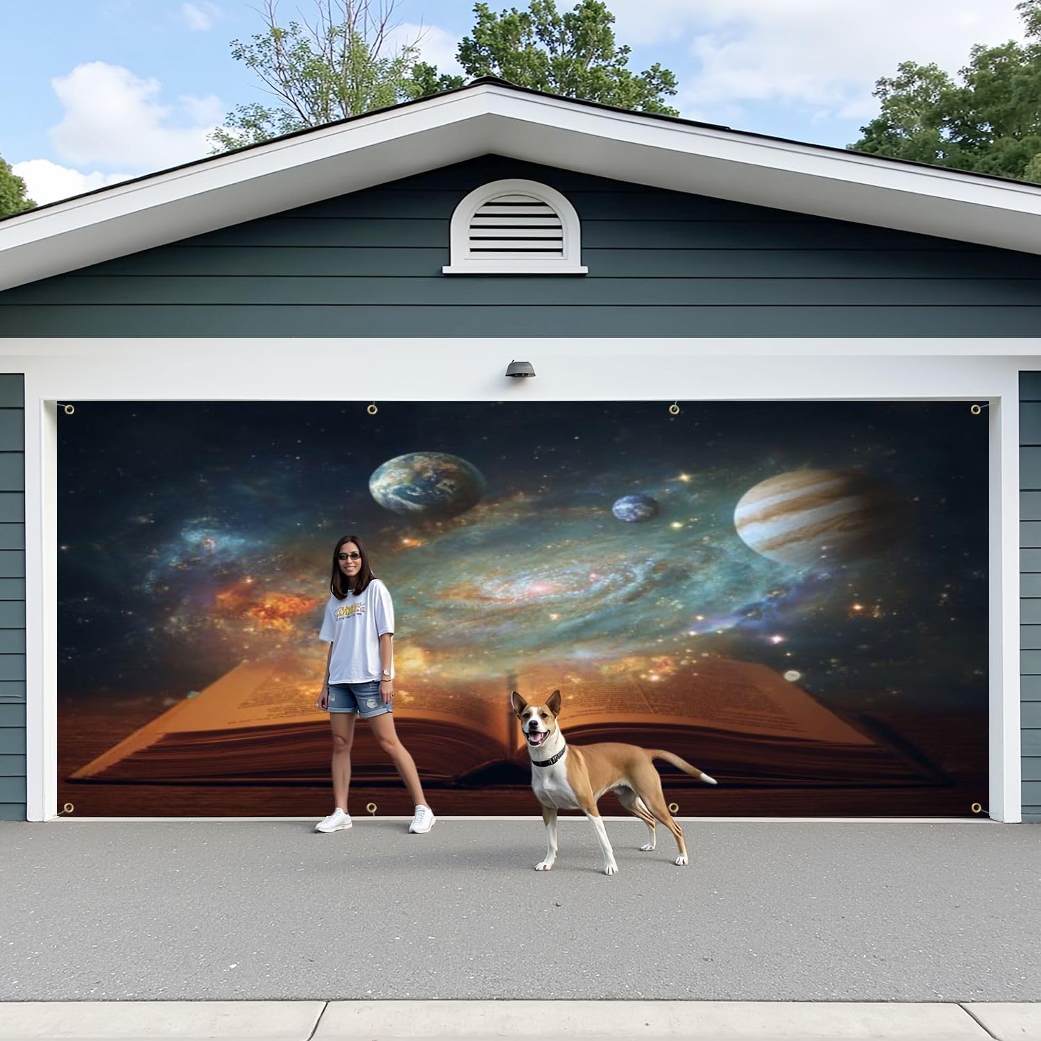 6x13ft Garage Door Cover Book Universe Opened Magic Book Planets Galaxies Elements This Garage Door Banner Decorations Polyester Door Mural Backdrop for Outdoor Indoor Party Background Decor