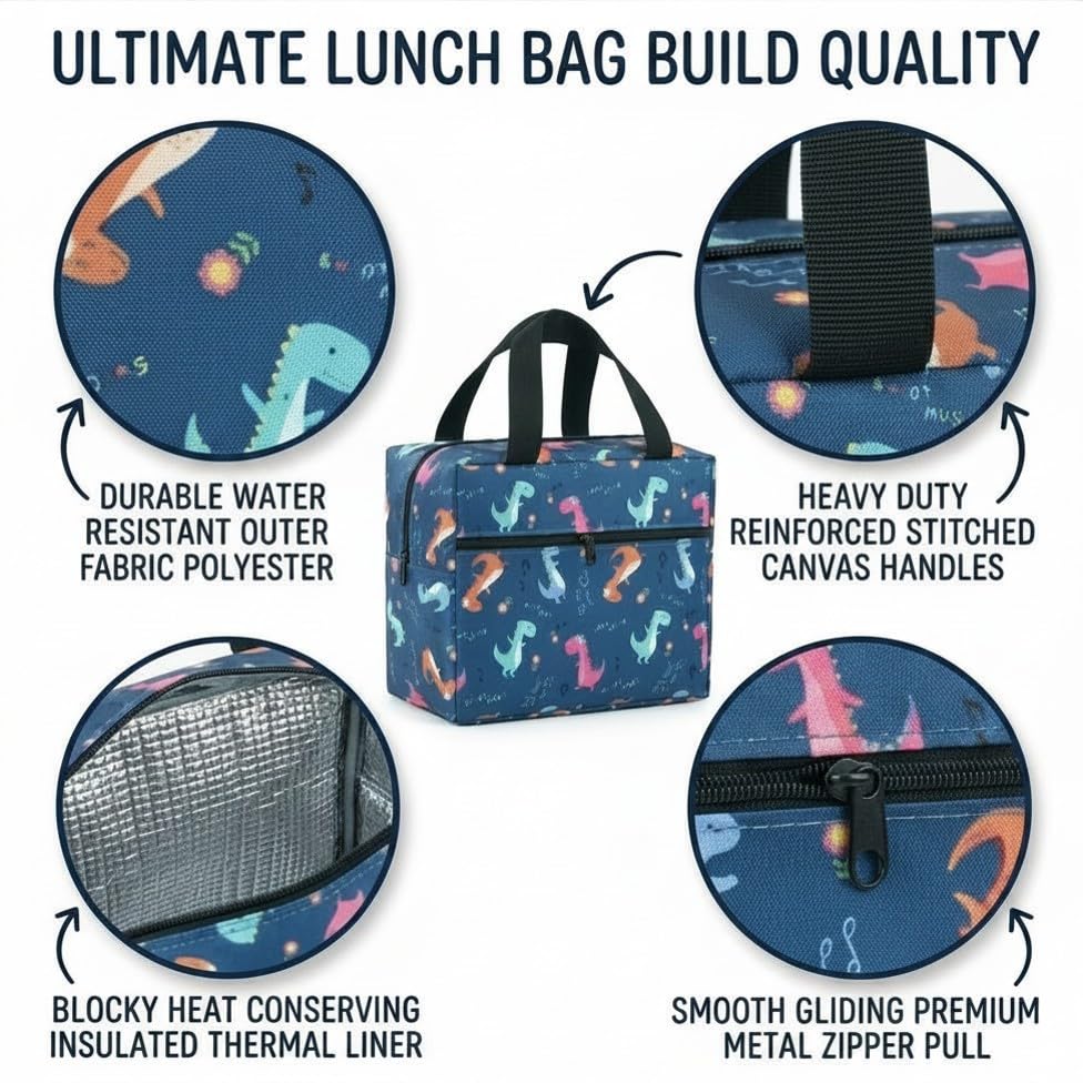 Image of Toy Imagine 5.6L Insulated Lunch Bag for Kids School Cute Cartoon Print Tiffin Bag Snack Tote Bag Compact Portable Leak Proof Tiffin Pouch Hot and Cold Lunch Box Bag for Boys & Girls (Dinosaur Design Blue)