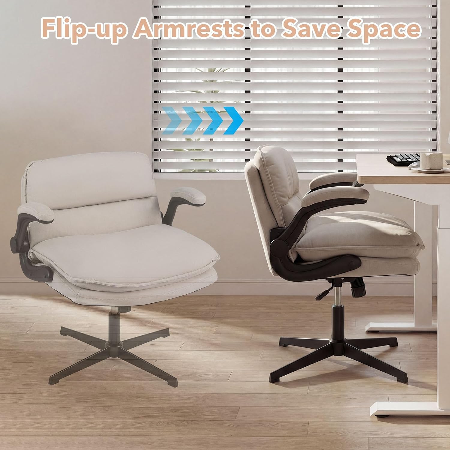 GIANTEX Criss Cross Chair with Flip-up Arms, Ergonomic Cross Legged Office Desk Chair w/Wide Thick Padded Seat, Height Adjustable Swivel Vanity Chair for Home Office, Apartment, Bedroom, Make Up