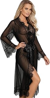 Robe Kimono Nuisette Longue Transparente Peignoir Dentelle Femme Sexy Grande Taille Robe de Chambre Chemise de Nuit Manches Longues avec Ceinture Lingerie Sexy Hot Chaude XS-4XL