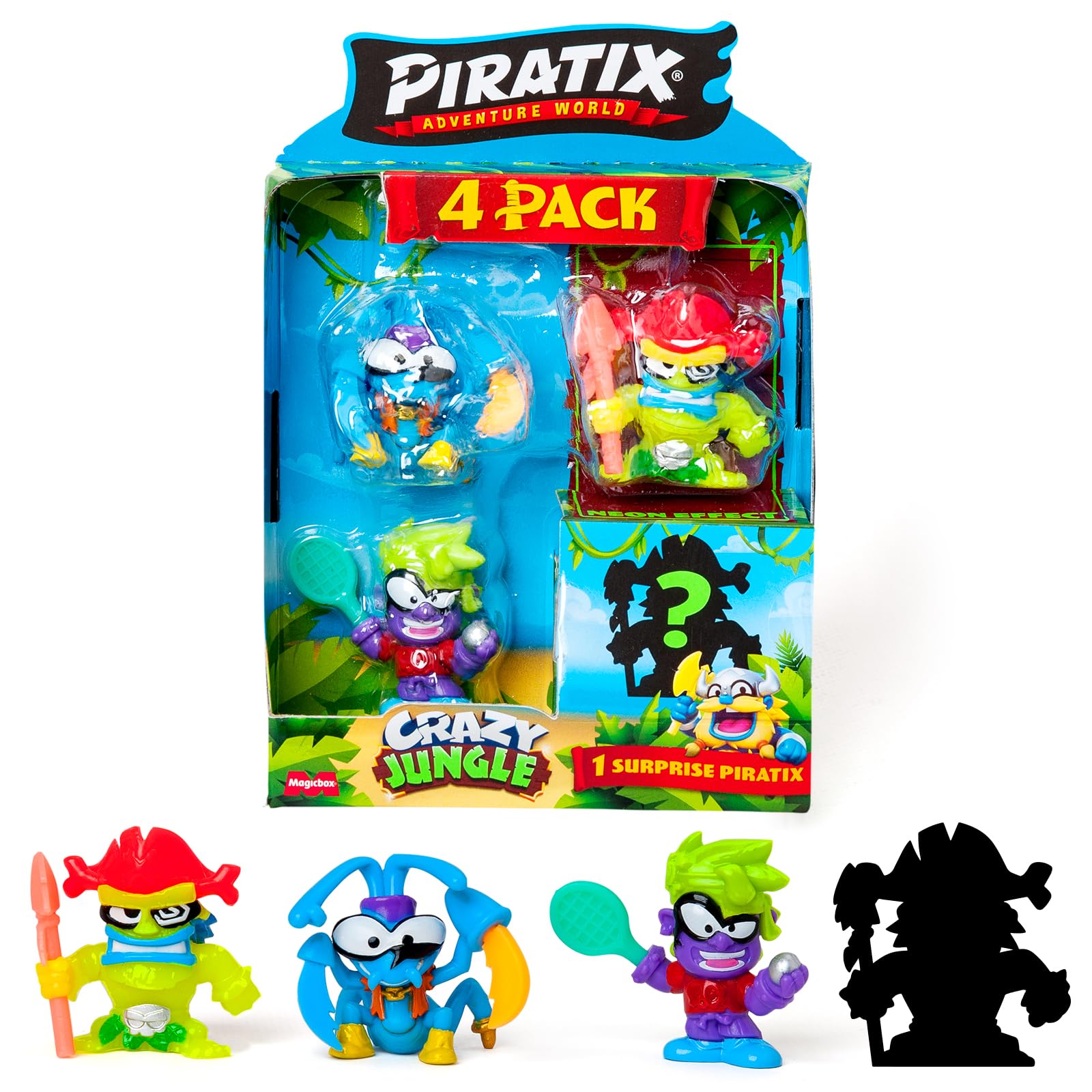 PIRATIX, ADVENTURE WORLD Crazy Jungle Series – 4 pack Includes 4 Piratix: 1 'Neon effect', 1 surprise, and 4 ‘neon’ accessories, Pack 4 out of 6