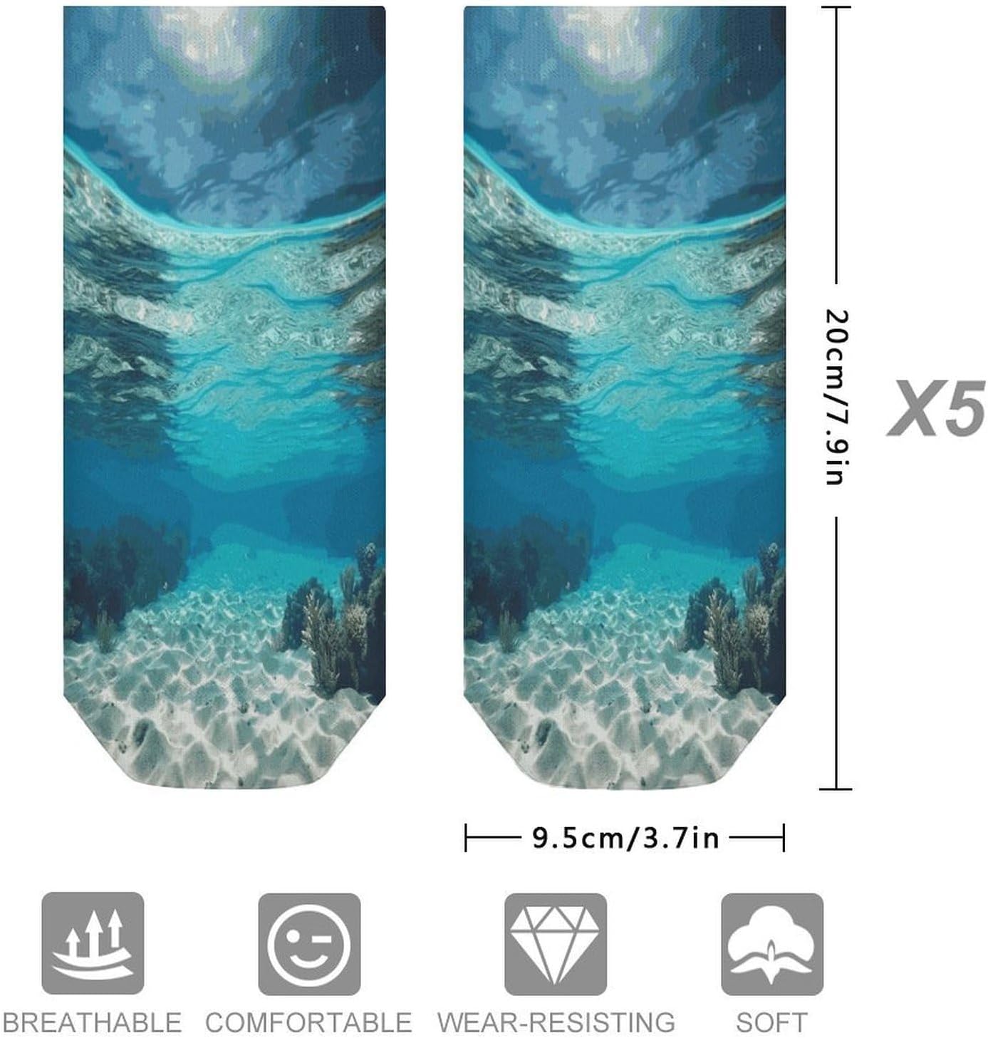 Underwater View of Tropical Beach Ankle Socks for Men Women 5 Pairs | Comfortable Casual Low Cut Socks, Lightweight No Show Breathable Athletic Socks, Soft Mini Crew Socks for All Seasons