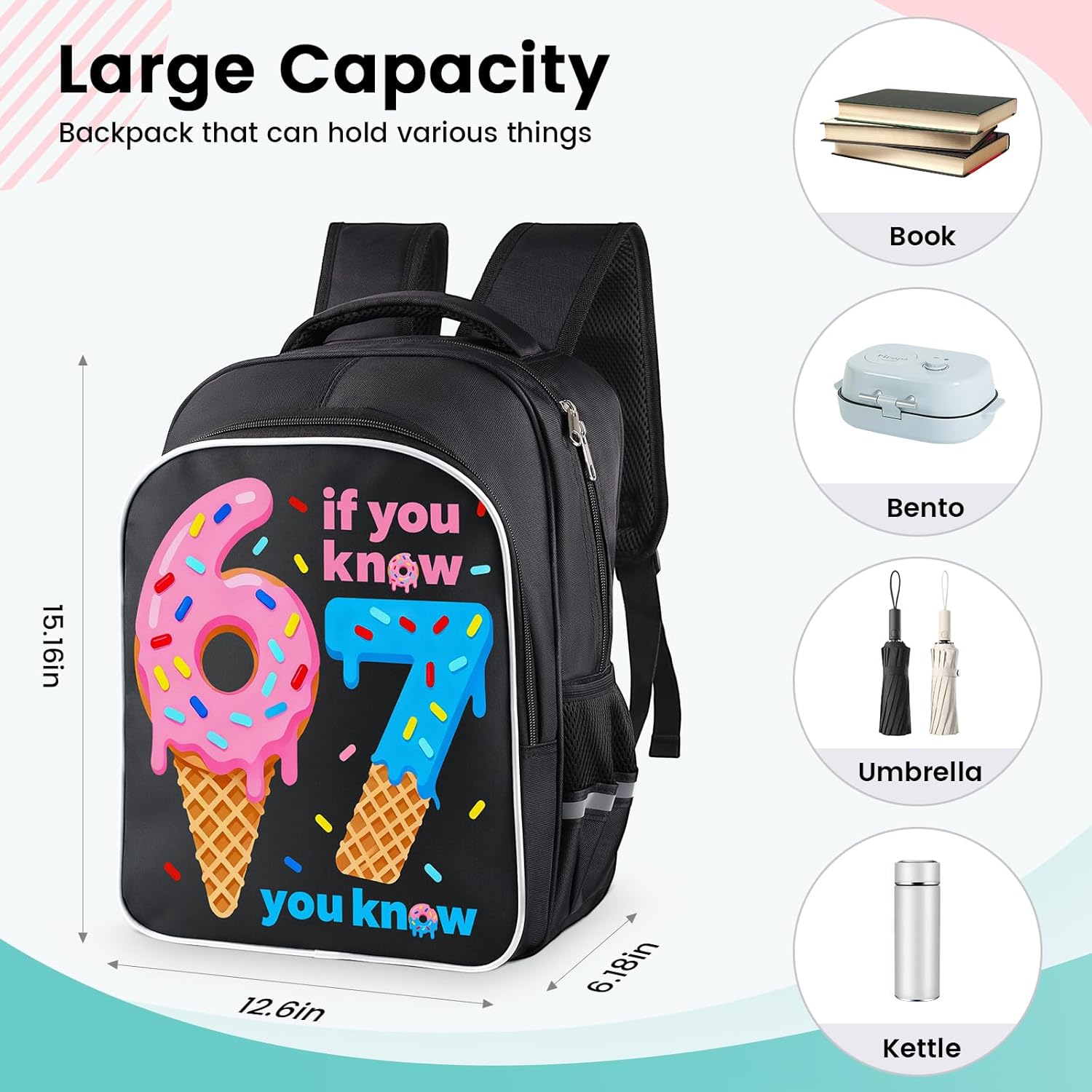 67 Backpack, 6 7 meme Backpack Ice Cream, Casual Daypack Backpacks, Large Capacity Durable Backpack, Travel Lightweight Waterproof Daypack