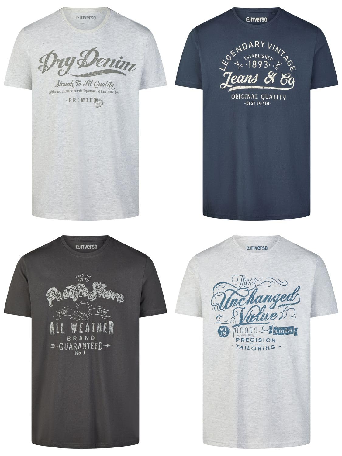 riverso Tshirt Herren Baumwolle Regular Fit RIVLeon 4er Set Pack Rundhals Kurzarm Sommer Tee Shirt Print Grün Blau Weiß Grau Rot Orange S M L XL XXL 3XL 4XL 5XL